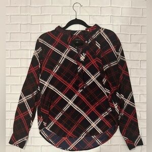Ann Taylor sz s black red plaid neck tie long sleeves blouse top